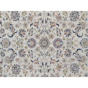 7'9"x7'9" Pristine White, Wool and Silk, Nain with All Over Flower Design, Soft Pile, 250 KPSI, Hand Knotted, Round, Oriental Rug FWR549732