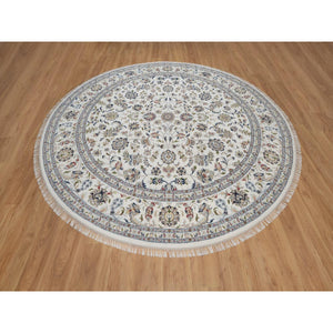 9'10"x9'10" Daisy White, Nain with All Over Flower Pattern, Wool and Silk, 250 KPSI, Hand Knotted, Soft Pile, Round, Oriental Rug FWR549738