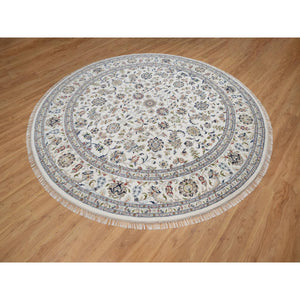 9'10"x9'10" Daisy White, Nain with All Over Flower Pattern, Wool and Silk, 250 KPSI, Hand Knotted, Soft Pile, Round, Oriental Rug FWR549738