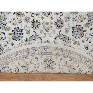 9'10"x9'10" Daisy White, Nain with All Over Flower Pattern, Wool and Silk, 250 KPSI, Hand Knotted, Soft Pile, Round, Oriental Rug FWR549738