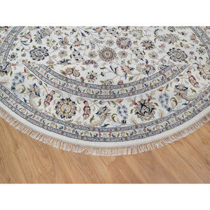 9'10"x9'10" Daisy White, Nain with All Over Flower Pattern, Wool and Silk, 250 KPSI, Hand Knotted, Soft Pile, Round, Oriental Rug FWR549738