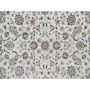 9'10"x9'10" Daisy White, Nain with All Over Flower Pattern, Wool and Silk, 250 KPSI, Hand Knotted, Soft Pile, Round, Oriental Rug FWR549738