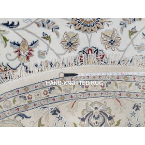9'10"x9'10" Daisy White, Nain with All Over Flower Pattern, Wool and Silk, 250 KPSI, Hand Knotted, Soft Pile, Round, Oriental Rug FWR549738