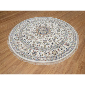 9'10"x9'10" Daisy White, Nain with Flower Medallion Design, Hand Knotted, Wool and Silk, 250 KPSI, Soft Pile, Round, Oriental Rug FWR549744