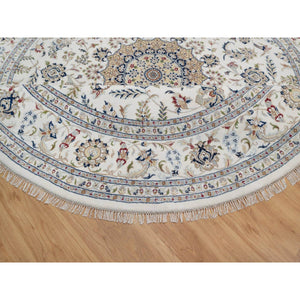 9'10"x9'10" Daisy White, Nain with Flower Medallion Design, Hand Knotted, Wool and Silk, 250 KPSI, Soft Pile, Round, Oriental Rug FWR549744