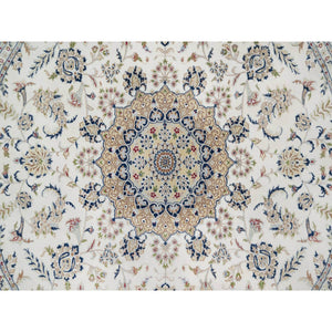 9'10"x9'10" Daisy White, Nain with Flower Medallion Design, Hand Knotted, Wool and Silk, 250 KPSI, Soft Pile, Round, Oriental Rug FWR549744