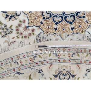 9'10"x9'10" Daisy White, Nain with Flower Medallion Design, Hand Knotted, Wool and Silk, 250 KPSI, Soft Pile, Round, Oriental Rug FWR549744