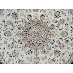 8'2"x8'2" Winter White, Nain with Flower Medallion Design, 250 KPSI, Soft Pile, Wool and Silk, Hand Knotted, Round, Oriental Rug FWR549750