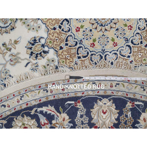 8'2"x8'2" Winter White, Nain with Flower Medallion Design, 250 KPSI, Soft Pile, Wool and Silk, Hand Knotted, Round, Oriental Rug FWR549750