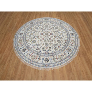 7'10"x7'10" Vista White, Nain with All Over Floral Pattern, Wool and Silk, Hand Knotted, Soft Pile, 250 KPSI, Round, Oriental Rug FWR549756