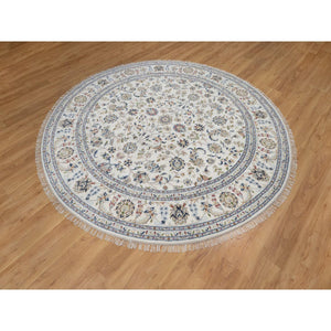 7'10"x7'10" Vista White, Nain with All Over Floral Pattern, Wool and Silk, Hand Knotted, Soft Pile, 250 KPSI, Round, Oriental Rug FWR549756