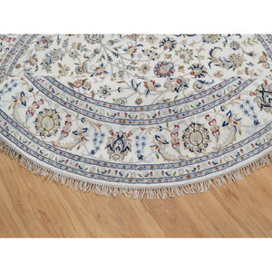 7'10"x7'10" Vista White, Nain with All Over Floral Pattern, Wool and Silk, Hand Knotted, Soft Pile, 250 KPSI, Round, Oriental Rug FWR549756
