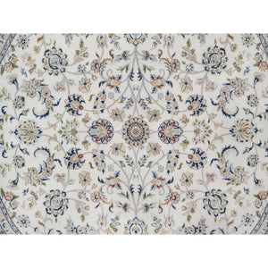 7'10"x7'10" Vista White, Nain with All Over Floral Pattern, Wool and Silk, Hand Knotted, Soft Pile, 250 KPSI, Round, Oriental Rug FWR549756