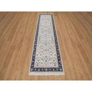 2'8"x10'3" Daisy White, Nain with All Over Floral Pattern, Wool and Silk, Soft Pile, 250 KPSI, Hand Knotted, Runner, Oriental Rug FWR549768