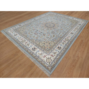 11'9"x15'4" Slate Blue, Nain with Flower Medallion Design, 250 KPSI, Hand Knotted, Wool and Silk, Soft Pile, XL, Oversized, Oriental Rug FWR549774