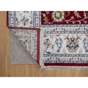 8'1"x10'3" Cherry Red, Wool and Silk, Nain with All Over Flower Design, 250 KPSI, Hand Knotted, Soft Pile, Oriental Rug FWR549792