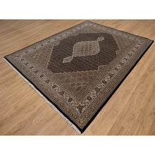 Load image into Gallery viewer, 8&#39;x10&#39;4&quot; Jet Black, Tabriz Mahi with Fish Medallion Design, 175 KPSI, Hand Knotted, 100% Wool, Oriental Rug FWR549798