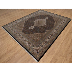 8'x10'4" Jet Black, Tabriz Mahi with Fish Medallion Design, 175 KPSI, Hand Knotted, 100% Wool, Oriental Rug FWR549798