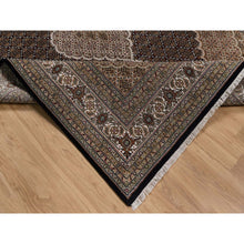 Load image into Gallery viewer, 8&#39;x10&#39;4&quot; Jet Black, Tabriz Mahi with Fish Medallion Design, 175 KPSI, Hand Knotted, 100% Wool, Oriental Rug FWR549798