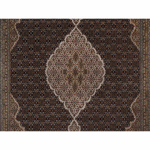 8'x10'4" Jet Black, Tabriz Mahi with Fish Medallion Design, 175 KPSI, Hand Knotted, 100% Wool, Oriental Rug FWR549798