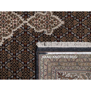 8'x10'4" Jet Black, Tabriz Mahi with Fish Medallion Design, 175 KPSI, Hand Knotted, 100% Wool, Oriental Rug FWR549798