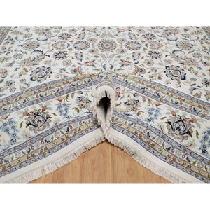 11'8"x15'2" Whisper White, Nain with All Over Flower Pattern, Hand Knotted, Wool and Silk, 250 KPSI, Soft Pile, XL, Oversized, Oriental Rug FWR549804