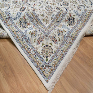 11'8"x15'2" Whisper White, Nain with All Over Flower Pattern, Hand Knotted, Wool and Silk, 250 KPSI, Soft Pile, XL, Oversized, Oriental Rug FWR549804