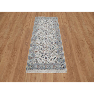 2'9"x6'2" Pristine White, Nain with All Over Flower Pattern, 250 KPSI, Wool and Silk, Hand Knotted, Soft Pile, Runner, Oriental Rug FWR549816