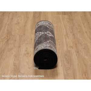 2'10"x14' Jet Black, 175 KPSI, Tabriz Mahi with Fish Medallion Design, 100% Wool, Hand Knotted, Runner, Oriental Rug FWR549834