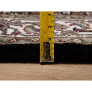 2'10"x14' Jet Black, 175 KPSI, Tabriz Mahi with Fish Medallion Design, 100% Wool, Hand Knotted, Runner, Oriental Rug FWR549834