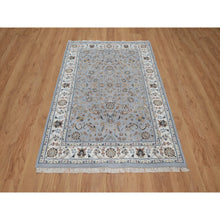 Load image into Gallery viewer, 4&#39;3&quot;x6&#39;4&quot; Light Blue, Wool and Silk, Nain with All Over Flower Design, 250 KPSI, Soft Pile, Hand Knotted, Oriental Rug FWR549840