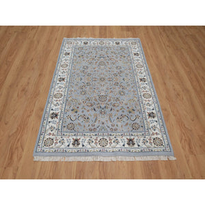 4'3"x6'4" Light Blue, Wool and Silk, Nain with All Over Flower Design, 250 KPSI, Soft Pile, Hand Knotted, Oriental Rug FWR549840