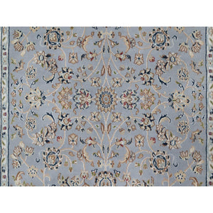 4'3"x6'4" Light Blue, Wool and Silk, Nain with All Over Flower Design, 250 KPSI, Soft Pile, Hand Knotted, Oriental Rug FWR549840