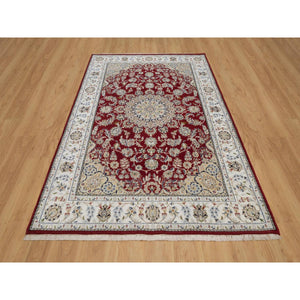 6'x9' Andorra Red, Nain with Flower Medallion Design, Hand Knotted, Wool and Silk, 250 KPSI, Soft Pile, Oriental Rug FWR549846