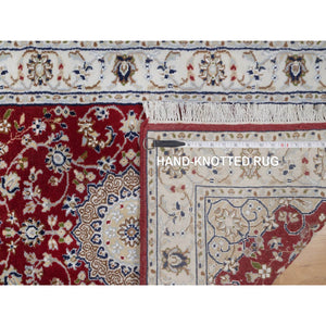 2'7"x10'3" Rhubarb Red, Hand Knotted, Nain with Flower Medallion Design, Wool and Silk, 250 KPSI, Soft Pile, Runner, Oriental Rug FWR549852