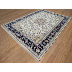 9'x12'3" Pearl White, Nain With Flower Medallion Design, 250 Kpsi, Soft Pile, Wool And Silk, Hand Knotted, Oriental Rug FWR549858