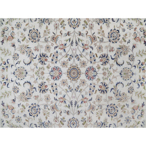8'1"x10'2" Whisper White, Wool and Silk, Nain with All Over Flower Design, Soft Pile, 250 KPSI, Hand Knotted, Oriental Rug FWR549870