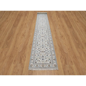 2'9"x18' Winter White, Soft Pile, Nain with All Over Flower Pattern, Wool and Silk, Hand Knotted, 250 KPSI, XL Runner, Oriental Rug FWR549882