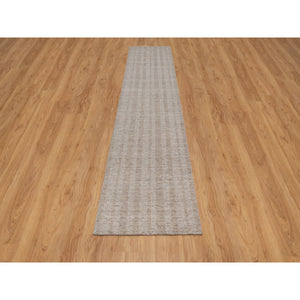 2'7"x12' Tan Brown, Undyed Natural Wool, Salt And Pepper Effect With Vertical Stripes Design, Hand Loomed, Runner, Oriental Rug FWR549936