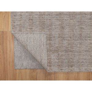 2'7"x12' Tan Brown, Undyed Natural Wool, Salt And Pepper Effect With Vertical Stripes Design, Hand Loomed, Runner, Oriental Rug FWR549936