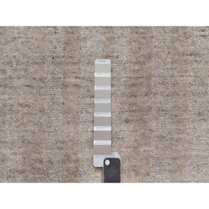 2'7"x12' Tan Brown, Undyed Natural Wool, Salt And Pepper Effect With Vertical Stripes Design, Hand Loomed, Runner, Oriental Rug FWR549936