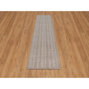 2'7"x10' Light Brown, Undyed Natural Wool, Vertical Stripes Design With Salt And Pepper Effect, Hand Loomed, Runner, Oriental Rug FWR549948