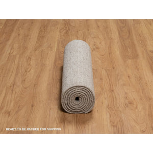 2'7"x10' Light Brown, Undyed Natural Wool, Vertical Stripes Design With Salt And Pepper Effect, Hand Loomed, Runner, Oriental Rug FWR549948