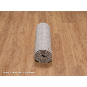 2'7"x8' Bone Brown, Hand Loomed, Undyed Natural Wool, Vertical Stripes Design With Salt And Pepper Effect, Runner, Oriental Rug FWR549954