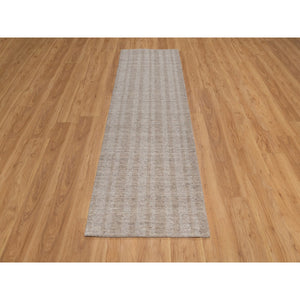 2'6"x8' Tan Brown, Undyed Natural Wool, Stripes Design With Salt And Pepper Effect, Hand Loomed, Runner, Oriental Rug FWR549960