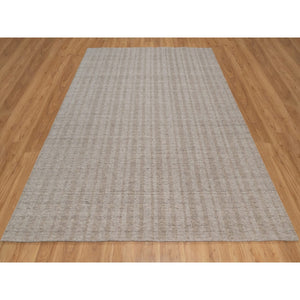 8'1"x10' Tan Brown, Hand Loomed, Salt And Pepper Effect With Vertical Stripes Design, Undyed Natural Wool, Oriental Rug FWR549990