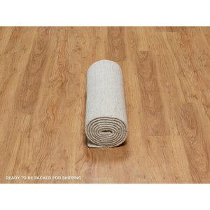 2'5"x10' Chiffon White, Hand Loomed, Salt And Pepper Effect With Vertical Stripes Design, Undyed Natural Wool, Runner, Oriental Rug FWR550020