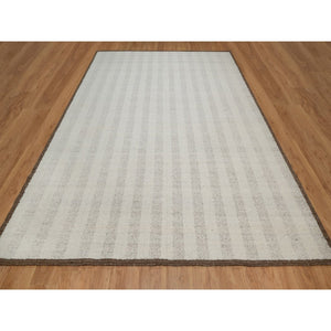 9'3"x12' Papyrus White, Line Design, Flat Weave With Pile, Undyed Natural Wool, Textured, Hand Woven, Oriental Rug FWR550302