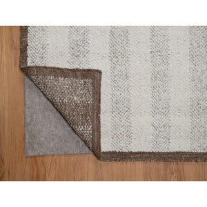 9'3"x12' Papyrus White, Line Design, Flat Weave With Pile, Undyed Natural Wool, Textured, Hand Woven, Oriental Rug FWR550302