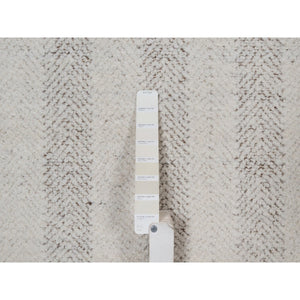 9'3"x12' Papyrus White, Line Design, Flat Weave With Pile, Undyed Natural Wool, Textured, Hand Woven, Oriental Rug FWR550302